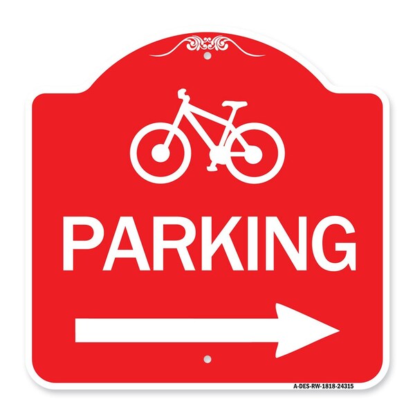 BicycleParking Right Arrow, Red & White Aluminum Architectural Sign, 18" x 18", RW-1818-24315